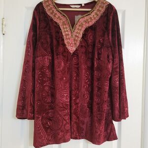NWOT‎ Soft Surroundings Red Wine Floral Burnout Velvet Vermilion Beaded Tunic XL
